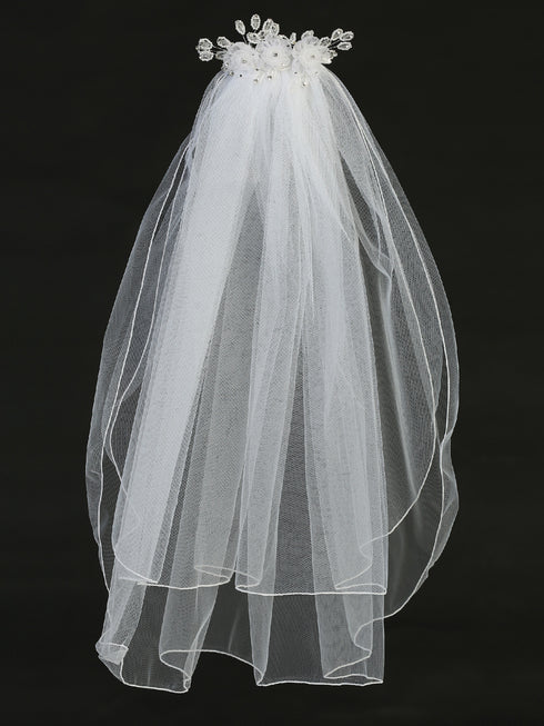 Lito Girls White 24 Inch Rhinestone Pearl Organza Flower Comb Communion Veil - SophiasStyle.com